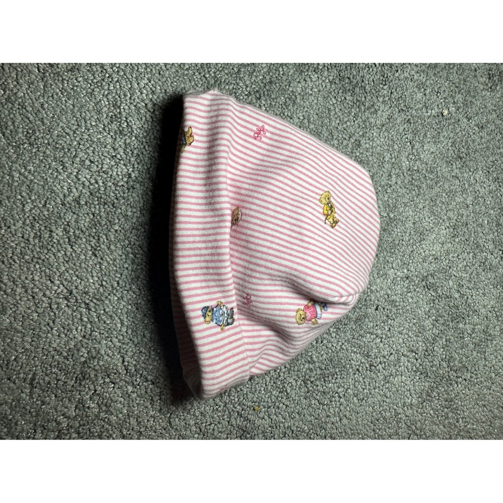 Ralph Lauren Polo Bear Beanie Girls 3-9M Pink Stripe Cotton Hat - Picture 4 of 9